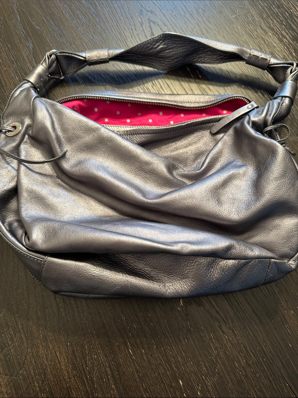 kate spade Black Leather Shoulder Bag with Pink Polka Dot Lining